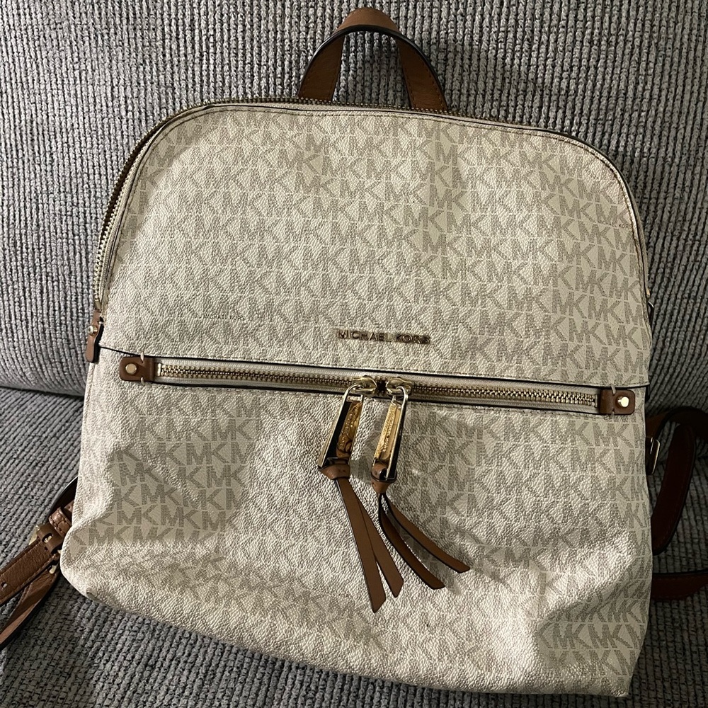 Michael Kors Cream and Brown Backpack with Signature Monogram
